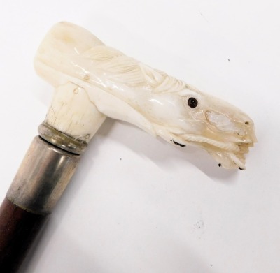 A 20thC hand carved bone handled walking cane, formed as a horse's head, 87cm high. - 3