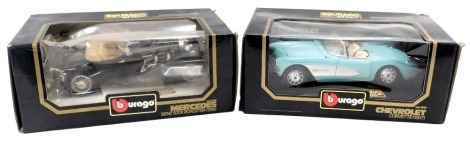 Two cased Bburago cars, comprising the Chevrolet Corvette 1957 and the Mercedes Benz 500K Roadster, boxed. (2)