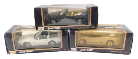 Three Maisto diecast vehicles, comprising the Corvette ZR1, Jaguar ZJ 220, and Mercedes Benz 500SL, boxed. (3)