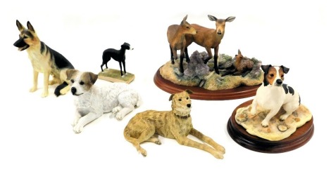 Animal ornaments, comprising a Border Fine Arts Jack Russell terrier, NTO5C, 14cm high, a Border Fine Arts Red Hind follower and calf figure group, A1486, 19cm high, and various other dog ornaments, one Border Fine Arts New German Sheppard, the others unm