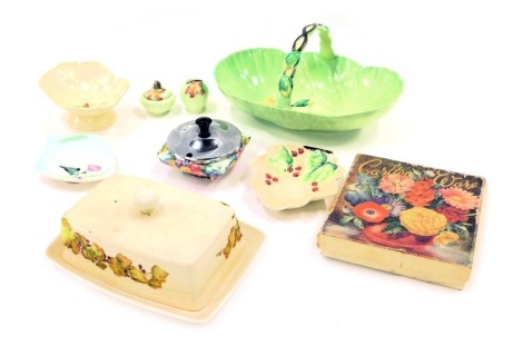 A group of Carlton wares, comprising Carlton ware pin dishes, salad bowl, butter dish and cover, etc.