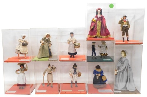 A quantity of costume dolls depicting figures through the ages, to include a Tudor miner, 19thC Yorkshire collier, Florence Nightingale, Georgian Wensleydale knitter, Victorian boy and girl, Victorian flower seller, country woman from the 17thC, Georgian