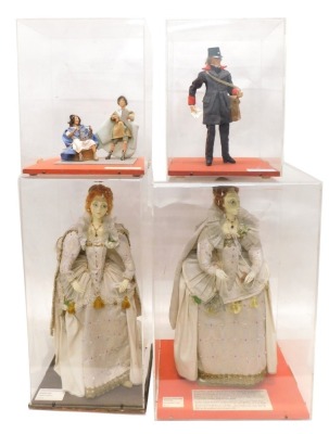 Two costume dolls, each showing Queen Elizabeth I in period dress, within Perspex cases, 64cm high, and two further costume dolls of Roman children and a 19thC postman. (4)