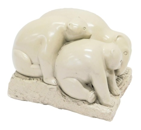 A replica sculpture by Deborah Schaffe of a bear family, 29cm wide, in travelling case.