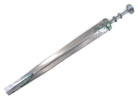 A continental sword, with ring turned handle, 55cm long, and a Trench Art paper knife, with a handle formed from bullets and a shell, 21cm long. (AF)