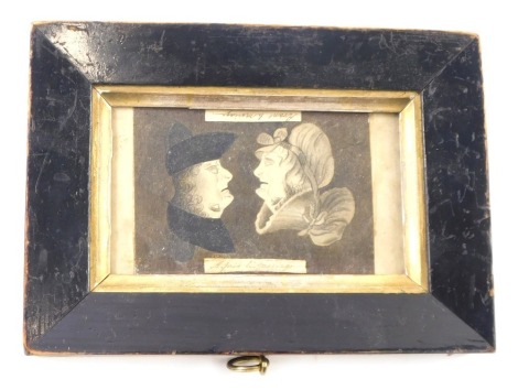 19thC French naive school, mirrored picture of gentleman and lady, in ebonised frame, 22cm x 15.5cm.