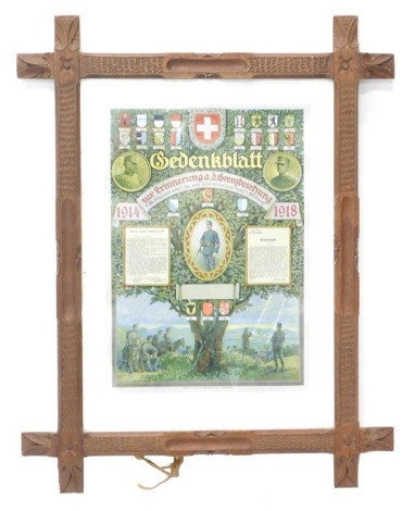 A German WWI certificate relating to Sedenkablat, in carved Black Forest cross frame, 77cm high, 61cm wide.