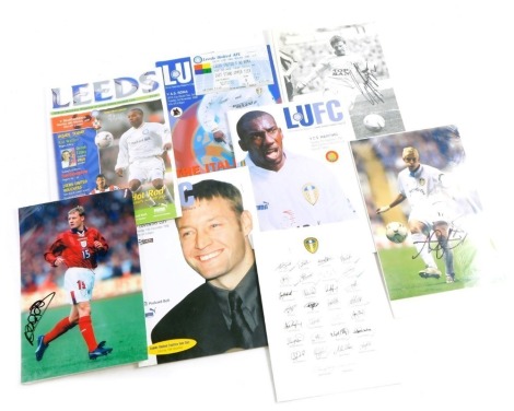 Football ephemera, comprising Leeds United vs AS Roma programme and ticket for 2012, Leeds United Football Club programmes Maritimo, Southampton, various signed footballing photographs, Leeds United players, match photograph of menu, some with certificate