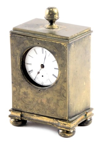 A 19thC brass cased travel clock, with later movement, marked Geneva number 22081, the outer case floral scroll decoration with arched finial, on bun feet, 12cm high, 6.5cm wide, 4cm deep. (AF)