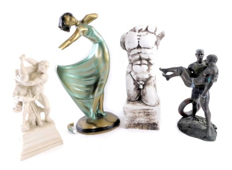 A collection of plaster and resin figures, comprising an Art Deco style lady in flowing dress, 41cm high, alabaster figure of two gentleman fighting, 29cm high, modern half torso bust, 35cm high, and bronzed effect finish boxes, 28cm high. (4, AF)