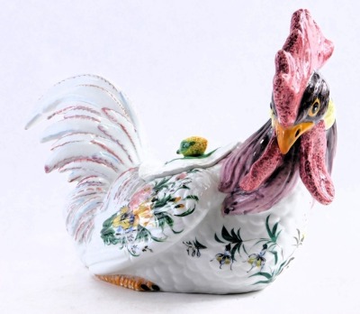 An Italian porcelain egg basket, formed as a cockerel, with green, purple and red detail, 37cm wide, stamped Italia. - 2