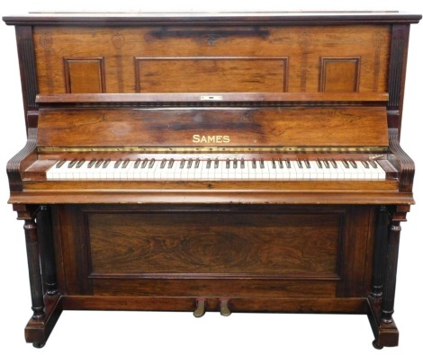 A Sames upright piano, in a rosewood case, decorated with aesthetic and Art Nouveau symbols, retailed by Walch & Pohl, 138cm wide, with ivorine keys. By repute purchased from Whyte & Sentance 12.12.97