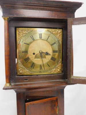 A late 18th/19thC longcase clock by Blackburn of Oakham, with square brass dial, 29.5cm wide, with Roman numerals and pierced rococo spandrels, eight day movement in oak case, 194cm high. - 2