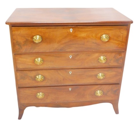 A late George III mahogany secretaire chest, the top with rounded corners and a moulded edge above an arrangement of a fitted drawer and three further long drawers, shield shaped and bone escuteons, each with oval brass handles on splayed feet, 107cm high