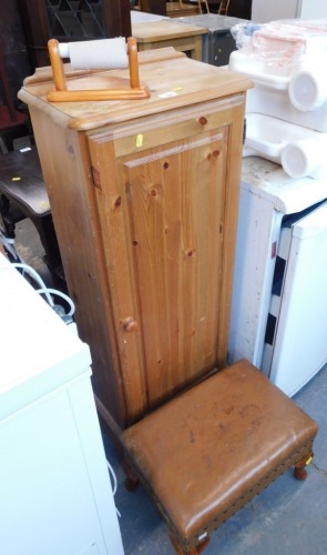 Assorted furniture, comprising a portable toilet, pine cabinet, and a stool.