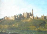 A reproduction oil painting of a castle with figures in the foreground