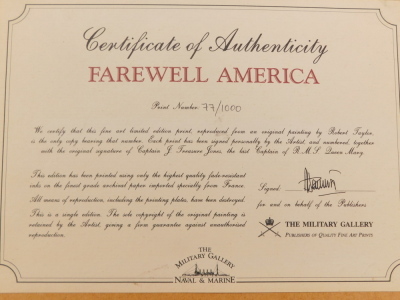 Robert Taylor. Farewell America, artist signed limited edition coloured print, 77/1000, 47cm x 87cm. Solomon & Whitehead Certificate of Authenticity verso. - 7