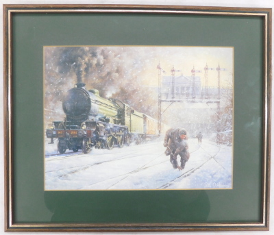 After Philip D. Hawkins. Winter station yard, framed and mounted coloured print, 22cm x 29cm. - 2