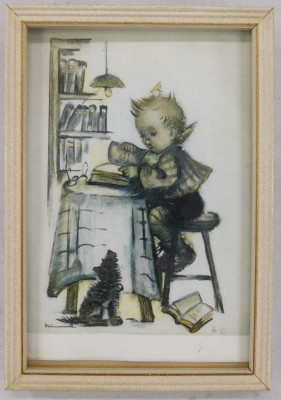 After Hummel. Young reader, framed and mounted coloured print, 15cm x 9cm. - 2