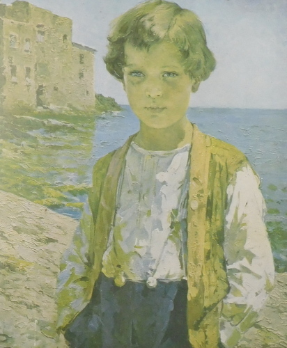 Early 20thC coloured print. Young boy, 22.5cm x 19cm. Label verso J & W Davis Dartford.