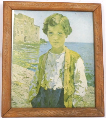 Early 20thC coloured print. Young boy, 22.5cm x 19cm. Label verso J & W Davis Dartford. - 2