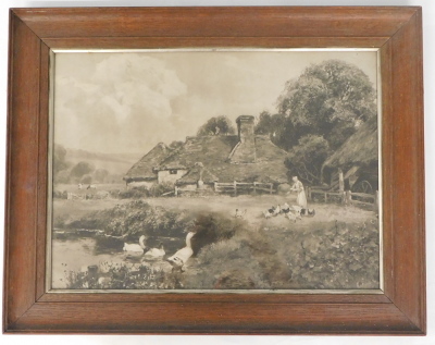 Early 20thC framed print. Maiden feeding chickens, 37.5cm x 51cm. - 2