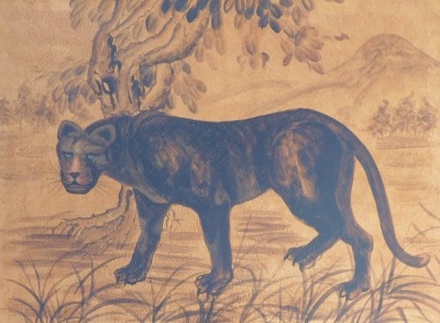 A Chinese lacquer style picture of a black panther, standing within a mountain landscape, within an integral gilt frame, 92cm x 122cm.