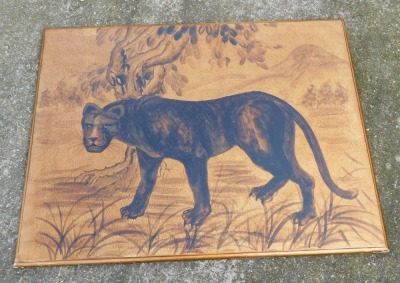 A Chinese lacquer style picture of a black panther, standing within a mountain landscape, within an integral gilt frame, 92cm x 122cm. - 2