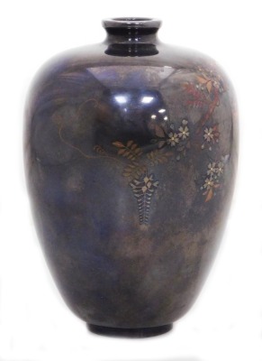 A Meiji period Nogawa shibuichi vase, of shouldered, tapering form decorated in silver, copper and gold inlay with trailing wisteria, inlaid Nogawa studio mark to base, 12cm high. - 4