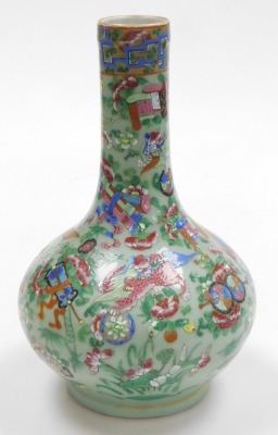 A 19thC Qing dynasty famille rose celadon porcelain vase, of long necked, globular form, decorated all over with Buddhist emblems, lion dogs and flowers, 33cm high. - 2