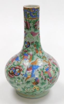 A 19thC Qing dynasty famille rose celadon porcelain vase, of long necked, globular form, decorated all over with Buddhist emblems, lion dogs and flowers, 33cm high. - 3