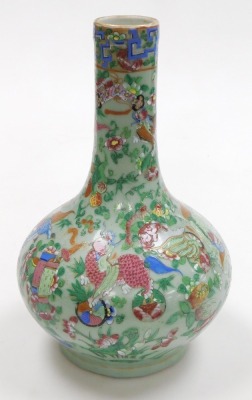 A 19thC Qing dynasty famille rose celadon porcelain vase, of long necked, globular form, decorated all over with Buddhist emblems, lion dogs and flowers, 33cm high. - 4