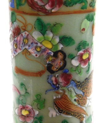 A 19thC Qing dynasty famille rose celadon porcelain vase, of long necked, globular form, decorated all over with Buddhist emblems, lion dogs and flowers, 33cm high. - 9