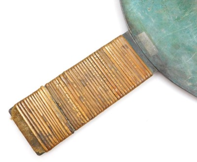 A Meiji period Kagami bronze hand mirror, the reverse embossed with a pine tree and cranes, and two characters, the handle bound in bamboo, signed, 27cm high, 18cm wide. - 5