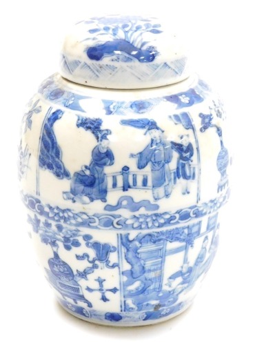 A blue and white porcelain ginger jar, and cover with six character Kangxi mark, decorated with panels of figures in interiors, vases, buddhist emblems, peonies and other flowers, 16.5cm high.