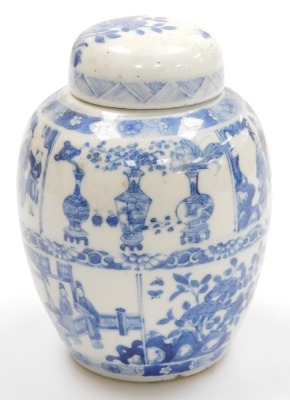 A blue and white porcelain ginger jar, and cover with six character Kangxi mark, decorated with panels of figures in interiors, vases, buddhist emblems, peonies and other flowers, 16.5cm high. - 2