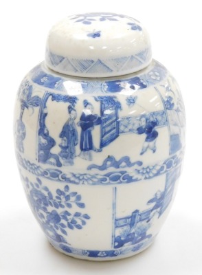 A blue and white porcelain ginger jar, and cover with six character Kangxi mark, decorated with panels of figures in interiors, vases, buddhist emblems, peonies and other flowers, 16.5cm high. - 3