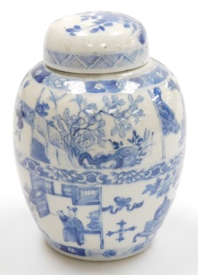 A blue and white porcelain ginger jar, and cover with six character Kangxi mark, decorated with panels of figures in interiors, vases, buddhist emblems, peonies and other flowers, 16.5cm high. - 4