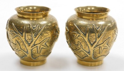 A pair of early 20thC Chinese heavy brass vases, embossed with a deer, bamboo, trees and a crane, the bases with seal script marks on wooden stands, 19.5cm high. - 5