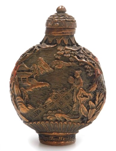 A 20thC Chinese bronzed metal snuff bottle, embossed to the obverse with a lady with a fan in a garden, to the reverse with a lady with a hoe in a garden, bears four character mark, 6cm high.