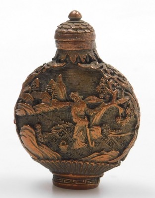 A 20thC Chinese bronzed metal snuff bottle, embossed to the obverse with a lady with a fan in a garden, to the reverse with a lady with a hoe in a garden, bears four character mark, 6cm high. - 3