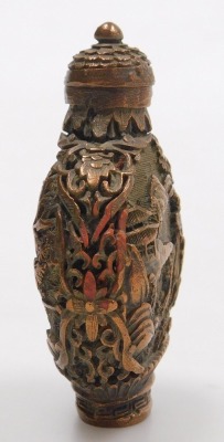 A 20thC Chinese bronzed metal snuff bottle, embossed to the obverse with a lady with a fan in a garden, to the reverse with a lady with a hoe in a garden, bears four character mark, 6cm high. - 4