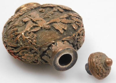 A 20thC Chinese bronzed metal snuff bottle, embossed to the obverse with a lady with a fan in a garden, to the reverse with a lady with a hoe in a garden, bears four character mark, 6cm high. - 5