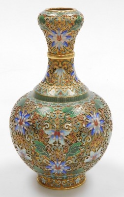 A 20thC Chinese champleve enamel vase, of bottle neck form, decorated with lotus flowers and scrolling leaves, 23cm high. - 2