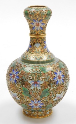 A 20thC Chinese champleve enamel vase, of bottle neck form, decorated with lotus flowers and scrolling leaves, 23cm high. - 4