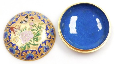 A group of Chinese cloisonne and champleve enamel wares, comprising a circular box and cover decorated with flowers and insects, and various miniatures including a ginger jar and cover, and three teapots (6) - 3