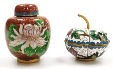 A group of Chinese cloisonne and champleve enamel wares, comprising a circular box and cover decorated with flowers and insects, and various miniatures including a ginger jar and cover, and three teapots (6) - 5