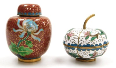 A group of Chinese cloisonne and champleve enamel wares, comprising a circular box and cover decorated with flowers and insects, and various miniatures including a ginger jar and cover, and three teapots (6) - 6