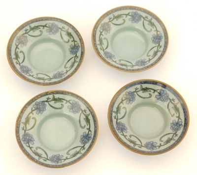 A modern Chinese pottery part tea service, decorated in blue and white with peonies against a pale blue ground, comprising a covered jug, four tea bowls, covers and saucers, and four smaller bowls, together with a metal tea strainer. - 11