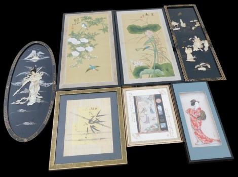 A group of Oriental pictures, including two panels with mother of pearl overlay, figure of a geisha girl, and a watercolour on silk of birds and blossom. (a quantity)